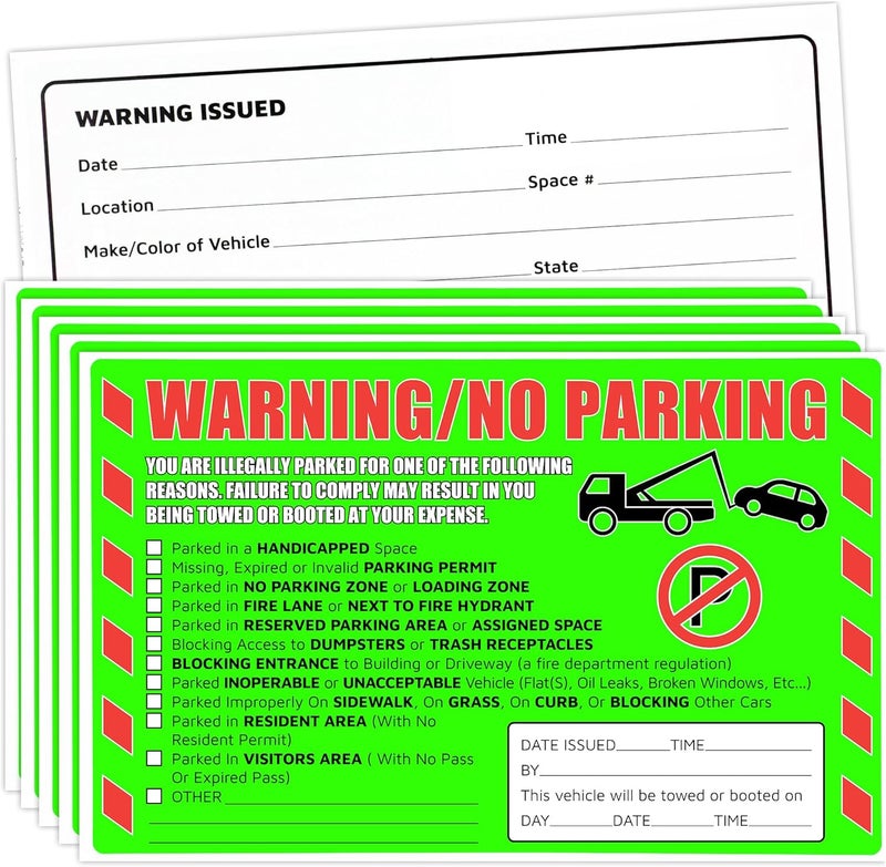 GUEER Parking Violation Stickers 25 Pcs Fluorescent Green You are Illegally Parked Multi Reasons Hard to Remove Tow Warning Private Parking Warning Sticker for Car Windows - Image 1